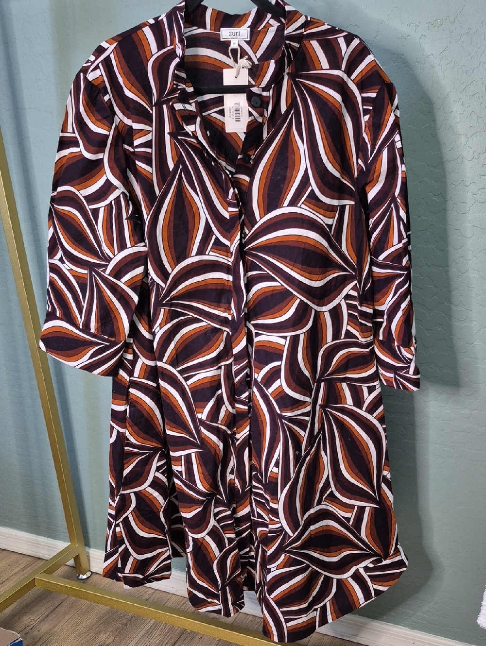 Zuri Brown Abstract-Print 3/4 Sleeve Button-Front Shirt Dress